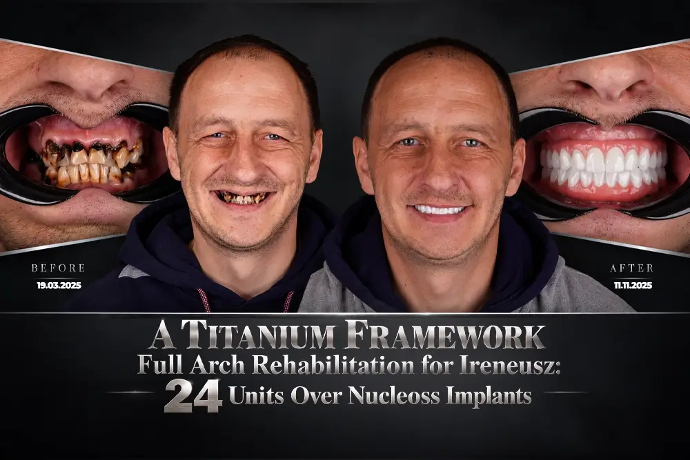 A Titanium Framework Full Arch Rehabilitation for Ireneusz: 24 Units Over Nucleoss Implants