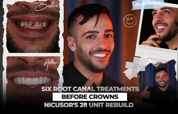Six Root Canal Treatments Before Crowns: Nicusor’s 28 Unit Rebuild