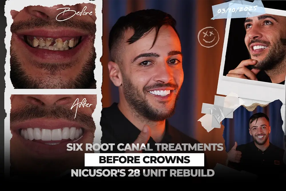 Six Root Canal Treatments Before Crowns: Nicusor’s 28 Unit Rebuild